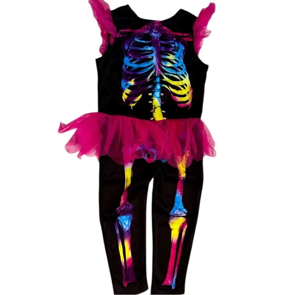 Vintage Halloween Costume Black Vibrant Colored Skeleton Jumpsuit Romper Girls
